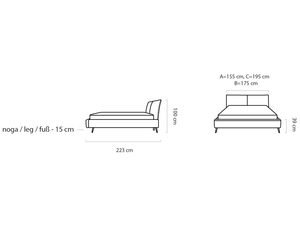 Miniaturka 8 - Łóżko tapicerowane wymiary katalogowe 223x155-195 cm rysunek techniczny
