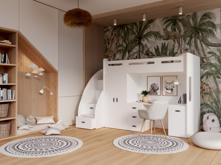 Pokój dziecięcy z łóżkiem i szafą