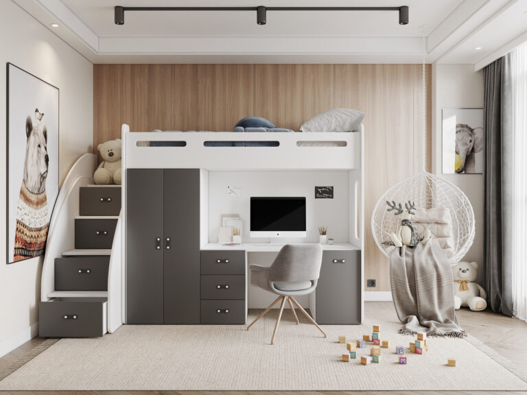 Pokój dziecięcy z szarym łóżkiem