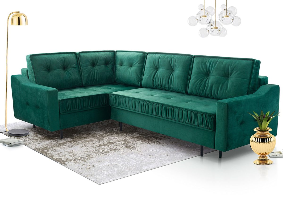 Lewy narożnik w kolorze butelkowej zieleni z metalowymi nogami