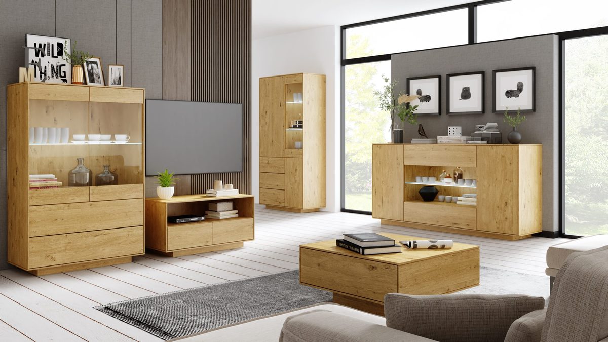 Zestaw mebli dębowych do salonu w nowoczesnej aranżacji Zestaw mebli dębowych do salonu w nowoczesnej aranżacji
