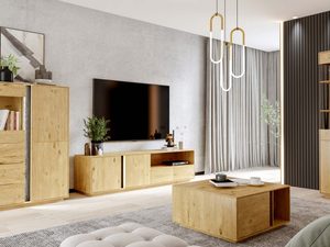 Miniaturka 1 - Zestaw mebli dębowych witryny szafka RTV stolik komoda w eleganckim salonie