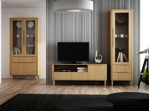 Miniaturka 1 - Zestaw mebli dębowych jasnych w nowoczesnym salonie witryny szafka RTV komoda