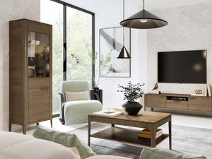 Miniaturka 1 - Zestaw mebli dębowych ciemnych w nowoczesnym salonie witryny szafka RTV stolik