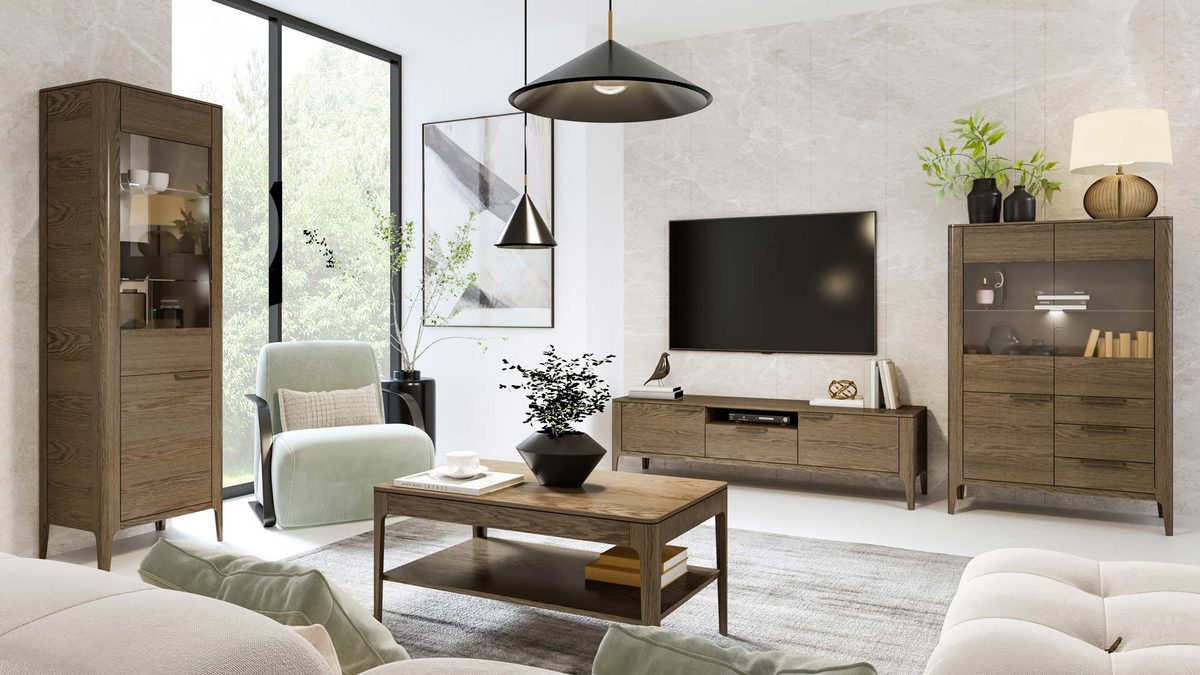 Zestaw mebli salonowych dębowych z witrynami i szafką RTV