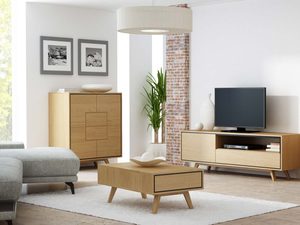 Miniaturka 1 - Zestaw mebli dębowych jasnych w nowoczesnym salonie witryna szafka RTV komoda stolik