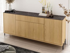 Miniaturka 1 - Komoda dębowa duża z marmurowym blatem ciemnym drzwiczkami i szufladami