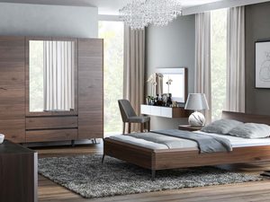 Miniaturka 1 - Sypialnia orzechowa z łóżkiem szafą i toaletką w aranżacji