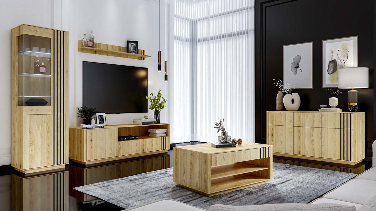Meble salonowe dębowe z czarnymi lamelkami w aranżacji wnętrza Meble salonowe dębowe z czarnymi lamelkami w aranżacji wnętrza