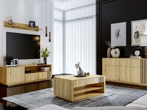 Miniaturka 1 - Meble salonowe dębowe z czarnymi lamelkami w aranżacji wnętrza