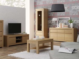 Miniaturka 1 - Zestaw mebli dębowych jasnych w salonie szafka RTV witryna stolik aranżacja