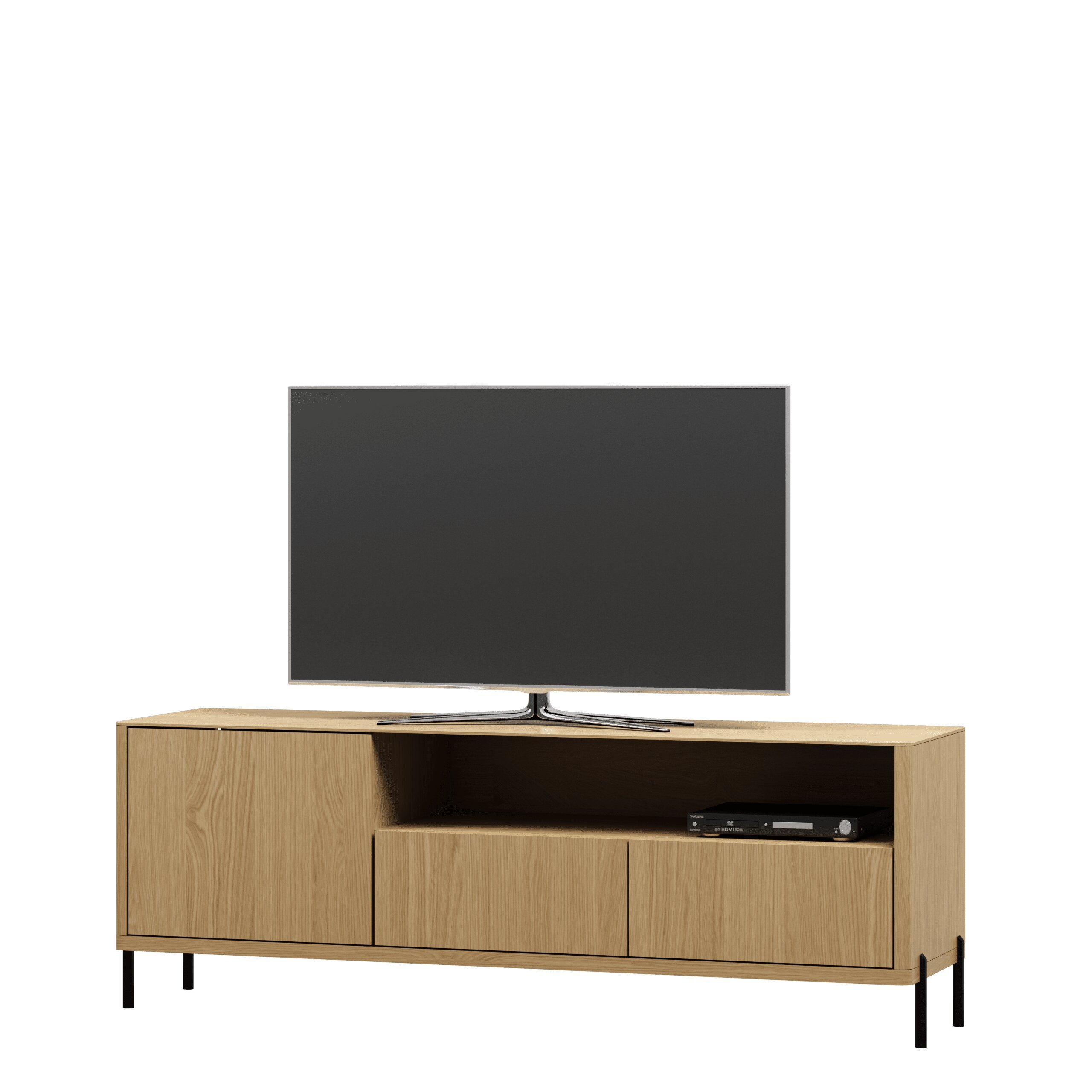 Szafka RTV dębowa duża z drzwiczkami półką i szufladami na metalowych nogach