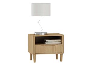Miniaturka 2 - Szafka nocna dębowa jasna z otwartą półką i szufladą na skośnych nogach lampa