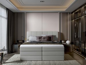 Miniaturka 5 - Łóżko kontynentalne szare prążkowane z zagłówkiem w eleganckim wnętrzu