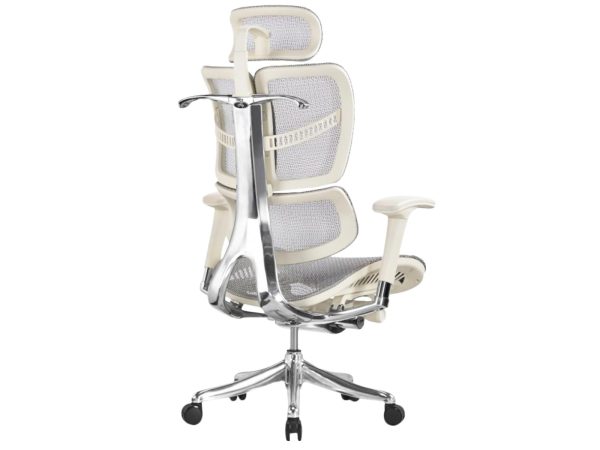 Biały fotel biurowy ergonomiczny siatkowy z zagłówkiem perspektywa
