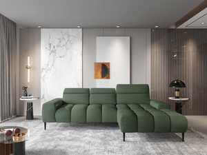 Miniaturka 6 - Narożnik zielony tapicerowany z szezlongiem w aranżacji frontalnie