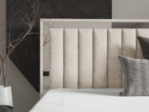 Miniaturka 46 - Kremowe łóżko tapicerowane ze srebrną ramką zagłówka