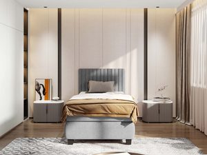 Miniaturka 5 - Szare łóżko jednoosobowe tapicerowane z zagłówkiem widok frontalny