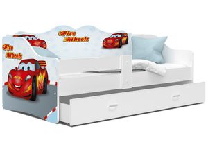 Miniaturka 2 - Białe łóżko dziecięce z motywem auta wyścigowego i szufladą perspektywa