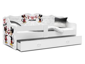 Miniaturka 12 - Białe łóżko dziecięce z motywem myszek i otwartą szufladą perspektywa