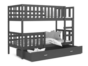 Miniaturka 2 - Łóżko piętrowe grafitowe drewniane z szufladą i drabinką perspektywa