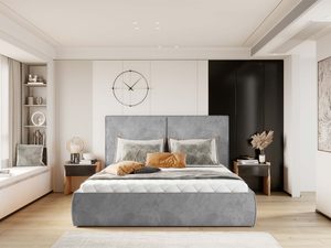 Miniaturka 6 - Szare łóżko tapicerowane z prostym zagłówkiem w nowoczesnej sypialni