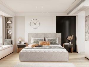 Miniaturka 5 - Łóżko tapicerowane szare z prostym zagłówkiem w nowoczesnej sypialni