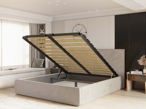 Miniaturka 7 - Szare łóżko tapicerowane z otwartym pojemnikiem w sypialni aranżacja