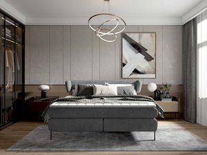 Miniaturka 6 - Grafitowe łóżko kontynentalne z nowoczesnym zagłówkiem w eleganckim wnętrzu