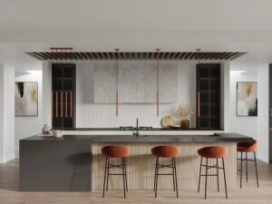 Miniaturka 3 - Lampy wiszące cylindryczne ceglaste w aranżacji kuchni z wyspą