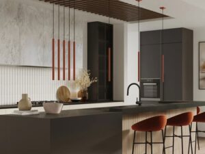 Miniaturka 4 - Lampy wiszące ceglaste w aranżacji nowoczesnej kuchni zbliżenie