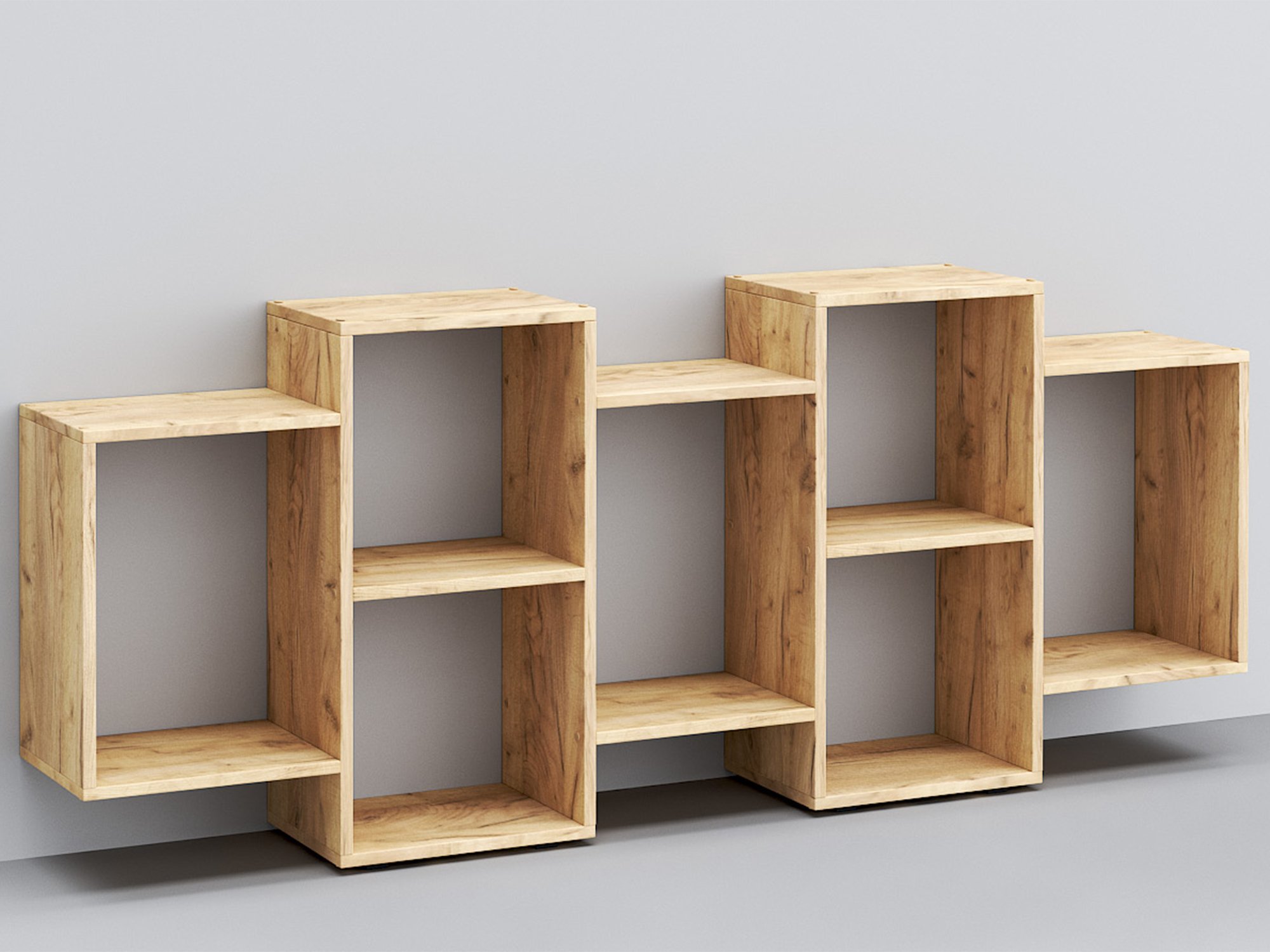 Regał dębowy modułowy poziomy z czterema segmentami kostkowymi