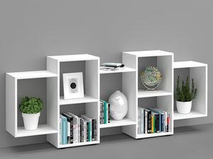 Miniaturka 11 - Białe regały modułowe trio z książkami i dekoracjami na szarym tle