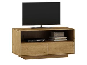 Miniaturka 2 - Szafka RTV dębowa jasna mała z otwartą półką i dwoma szufladami na cokole