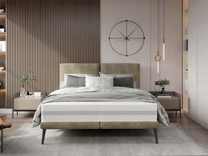 Miniaturka 4 - Łóżko tapicerowane oliwkowe z czarnymi nogami w nowoczesnej sypialni