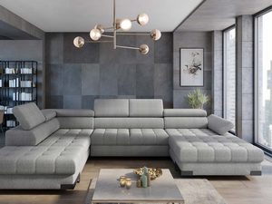 Miniaturka 15 - Szary narożnik w kształcie U pikowany nowoczesny salon z widokiem