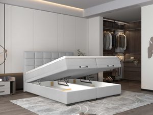 Miniaturka 7 - Szare łóżko kontynentalne z otwartym pojemnikiem w sypialni aranżacja