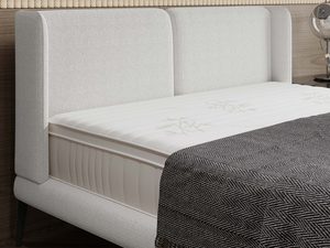 Miniaturka 4 - Łóżko kremowe detal podwójnego zagłówka tapicerowanego zbliżenie