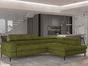 Miniaturka 5 - Narożnik oliwkowy tapicerowany welurowy w nowoczesnym salonie aranżacja