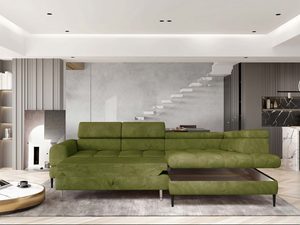 Miniaturka 7 - Narożnik oliwkowy z funkcją spania i pojemnikiem w salonie aranżacja