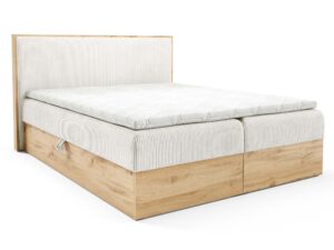 Miniaturka 2 - Łóżko kremowe z drewnianą ramą i sztruksowym zagłówkiem