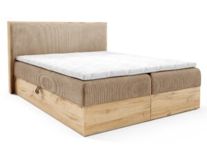 Miniaturka 4 - Łóżko beżowe z drewnianą ramą i sztruksową tapicerką