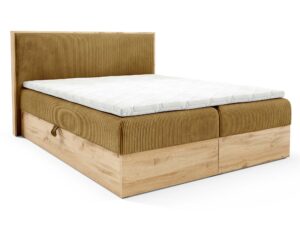 Miniaturka 5 - Musztardowe łóżko z drewnianą ramą i sztruksowym zagłówkiem