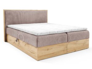 Miniaturka 7 - Pudrowe łóżko z drewnianą ramą i sztruksowym zagłówkiem