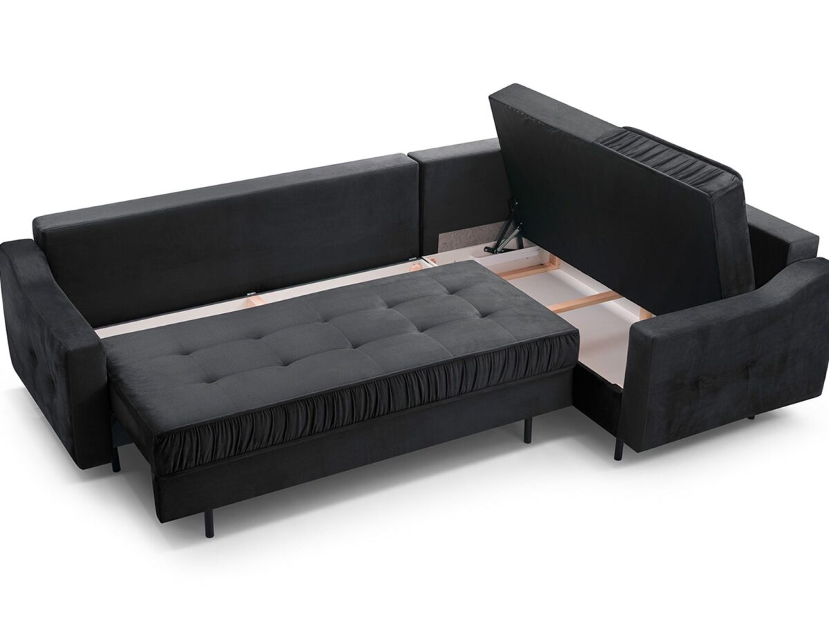 Narożnik antracytowy z otwartym pojemnikiem na pościel i funkcją spania