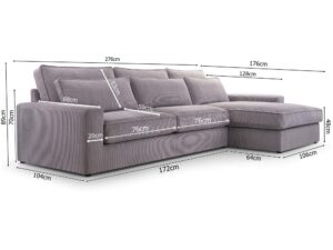 Miniaturka 5 - Szary narożnik sztruksowy z prawą ottomaną z wymiarami technicznymi