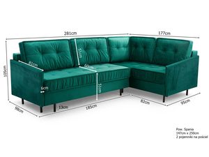 Miniaturka 16 - Turkusowy narożnik welurowy w kształcie L wymiary schemat