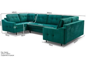 Miniaturka 11 - Turkusowy narożnik welurowy w kształcie U wymiary schemat