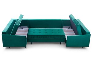 Miniaturka 14 - Narożnik turkusowy welurowy w kształcie U z otwartymi pojemnikami na pościel