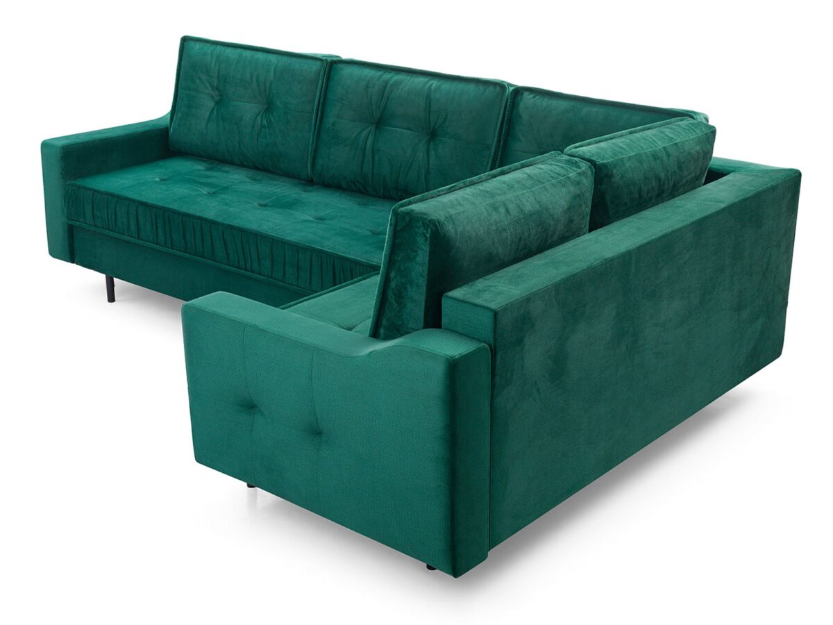 Tapicerowany narożnik w butelkowej zieleni ukazujący tylną konstrukcję